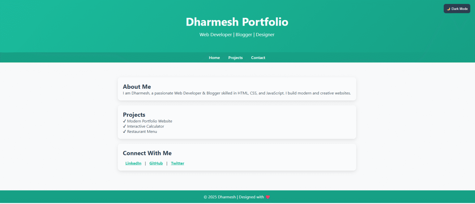 Portfolio Website Project in HTML, CSS & JavaScript (With Dark/Light Mode)